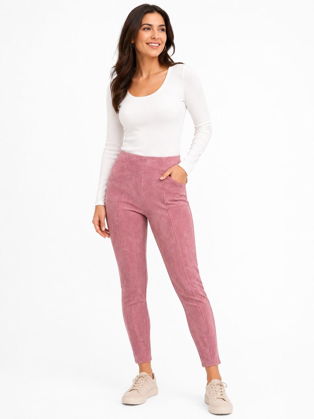 SPANX Faux Suede Leggings Large Dusty Rose Pink Shaping Pull On Pants